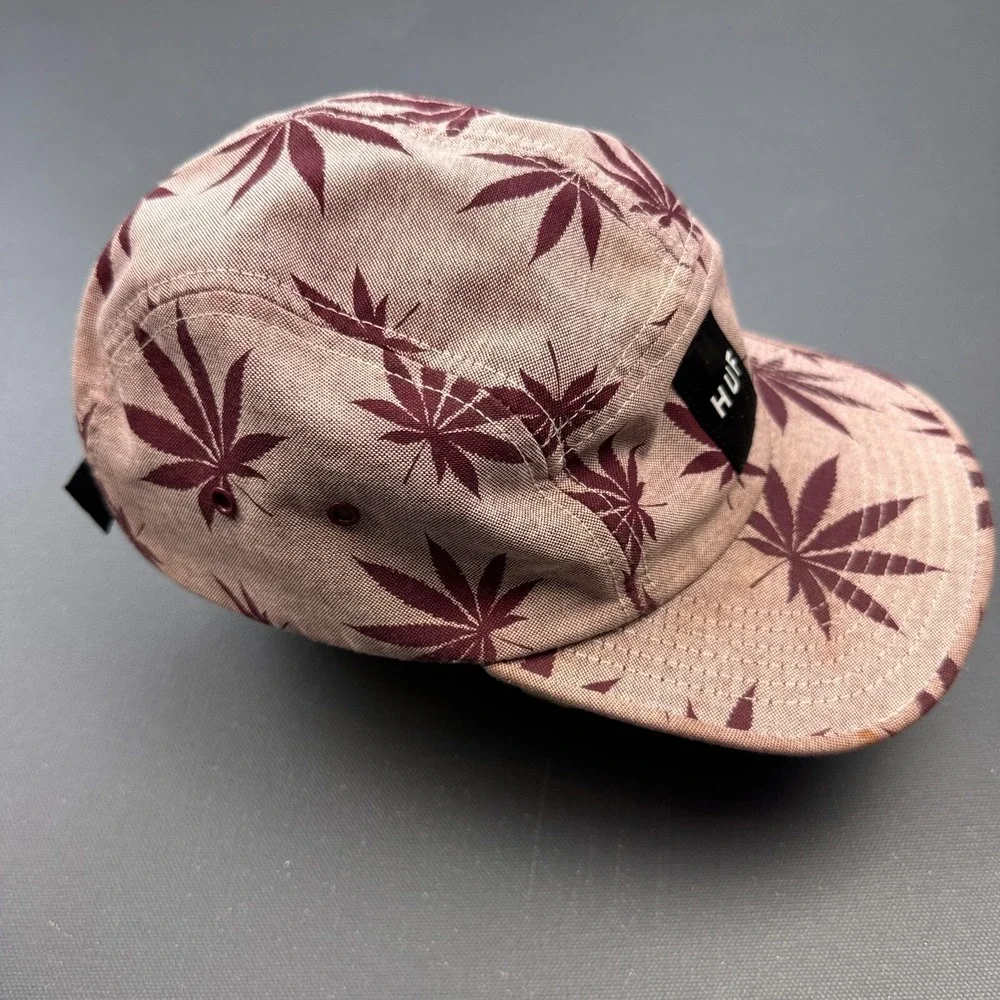 HUF 5 Panel Strapback Hat USA Leaf Print Maroon Pink Skate Streetwear Cap Y2K